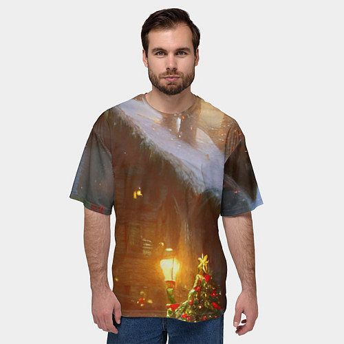 Мужская футболка оверсайз Cельский коттедж, засыпанный снегом / 3D-принт – фото 3