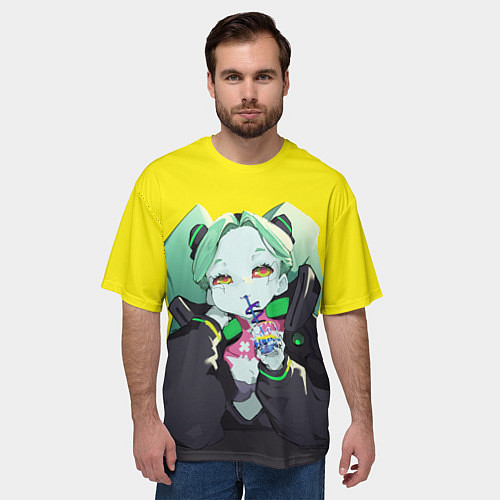 Мужская футболка оверсайз Ребекка пьет коктель - Cyberpunk / 3D-принт – фото 3