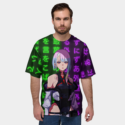 Мужская футболка оверсайз Люси и неоновые иероглифы / 3D-принт – фото 3