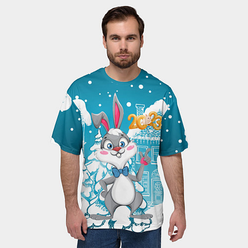 Мужская футболка оверсайз Заяц - новый год / 3D-принт – фото 3