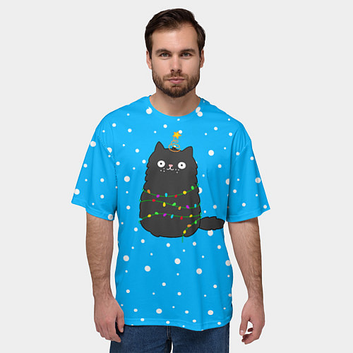 Мужская футболка оверсайз Котоёлочка - на фоне снегопада / 3D-принт – фото 3