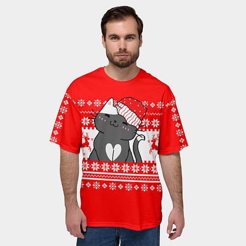 Мужская футболка оверсайз Котик новогодний - Свитер с оленями / 3D-принт – фото 3