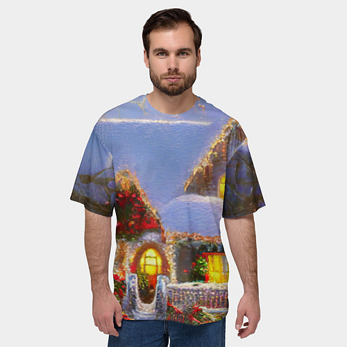 Мужская футболка оверсайз Украшенный новогодний коттедж и снежные сугробы / 3D-принт – фото 3