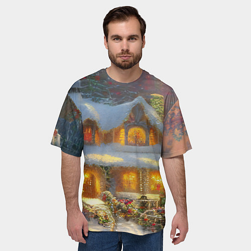 Мужская футболка оверсайз Заснеженные деревья и новогодний коттедж с гирлянд / 3D-принт – фото 3