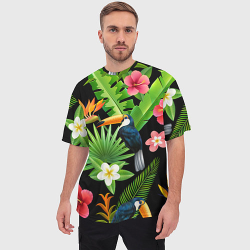 Мужская футболка оверсайз Тропический паттерн с туканом / 3D-принт – фото 3