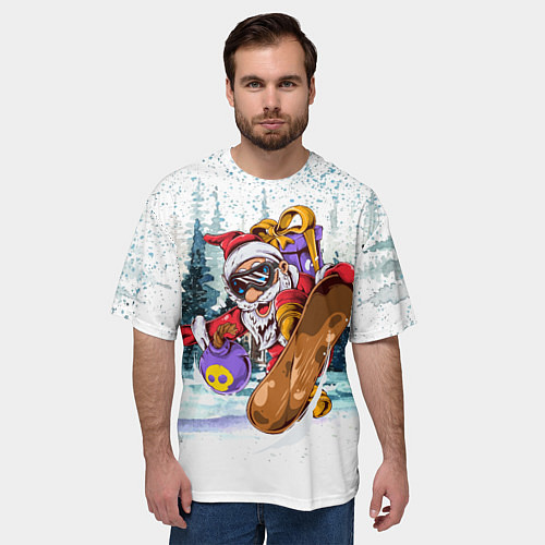 Мужская футболка оверсайз Санта на сноуборде в лесу / 3D-принт – фото 3