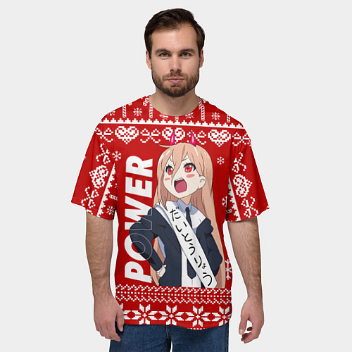 Мужская футболка оверсайз Пауэр Человек бензопила новогодний / 3D-принт – фото 3