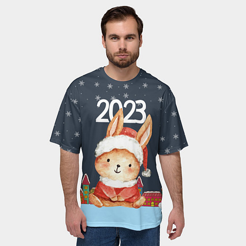Мужская футболка оверсайз Зайчик в новогоднем костюме / 3D-принт – фото 3