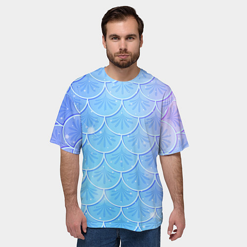 Мужская футболка оверсайз Голубая чешуя русалки - паттерн / 3D-принт – фото 3