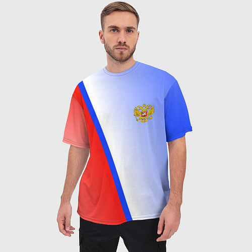 Мужская футболка оверсайз Россия полосы с гербом / 3D-принт – фото 3