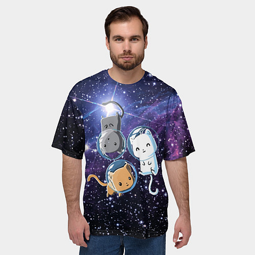 Мужская футболка оверсайз Три котика в открытом космосе / 3D-принт – фото 3