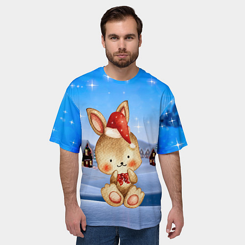 Мужская футболка оверсайз Зайчик в новогоднем колпаке / 3D-принт – фото 3