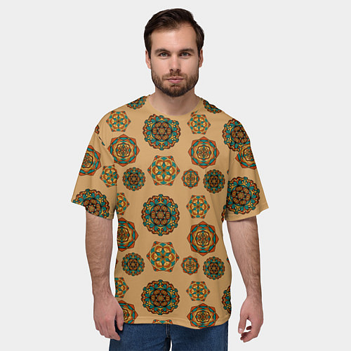 Мужская футболка оверсайз Мандалы на бежевом фоне / 3D-принт – фото 3