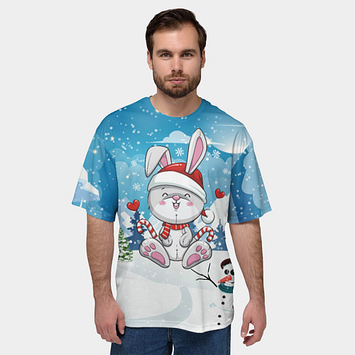 Мужская футболка оверсайз Новогодний зайка символ года 2023 / 3D-принт – фото 3