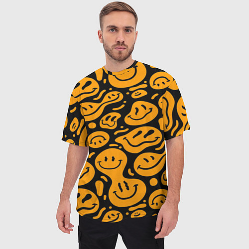 Мужская футболка оверсайз Растекающийся оранжевый смайл / 3D-принт – фото 3