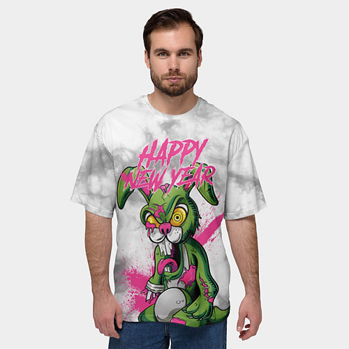 Мужская футболка оверсайз Zombie rabbit Happy new year / 3D-принт – фото 3