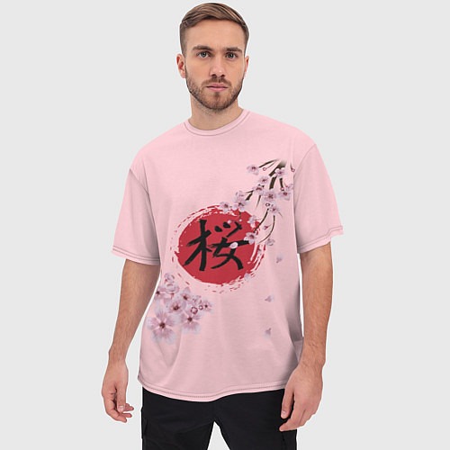 Мужская футболка оверсайз Цветущая вишня с иероглифом cакура / 3D-принт – фото 3