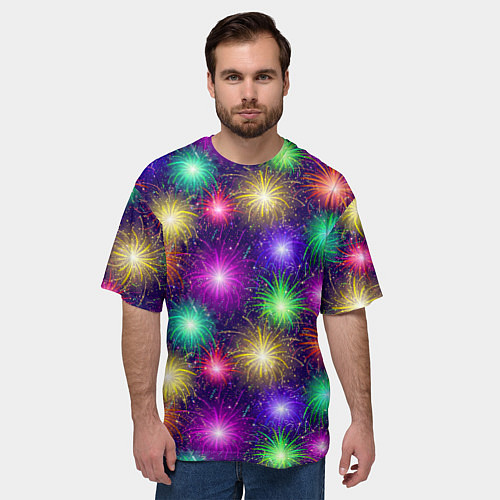 Мужская футболка оверсайз Праздничный салют - фейерверк / 3D-принт – фото 3