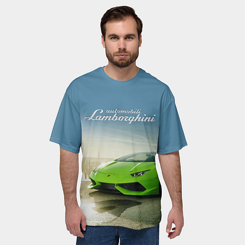 Мужская футболка оверсайз Ламборджини на берегу океана / 3D-принт – фото 3