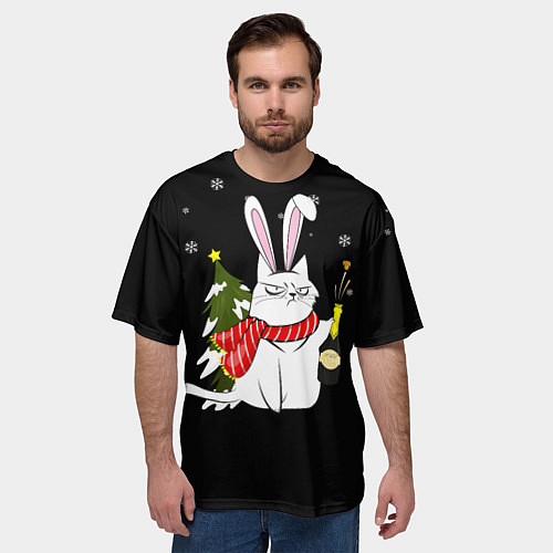 Мужская футболка оверсайз Серьёзный новогодний кот / 3D-принт – фото 3