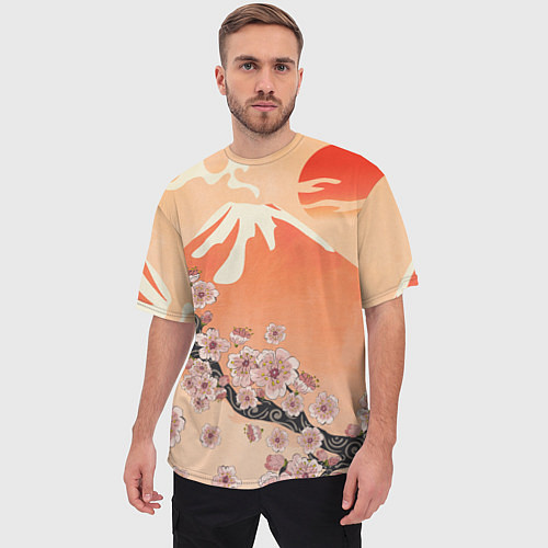 Мужская футболка оверсайз Ветка цветущей сакуры и вулкан / 3D-принт – фото 3