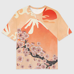 Мужская футболка оверсайз Ветка цветущей сакуры и вулкан