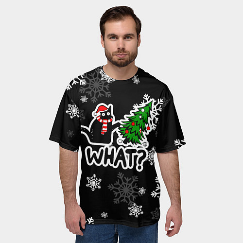 Мужская футболка оверсайз What котик роняет ёлку / 3D-принт – фото 3