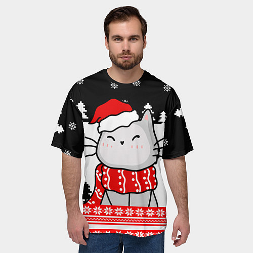 Мужская футболка оверсайз Новогодний свитер с котиком / 3D-принт – фото 3