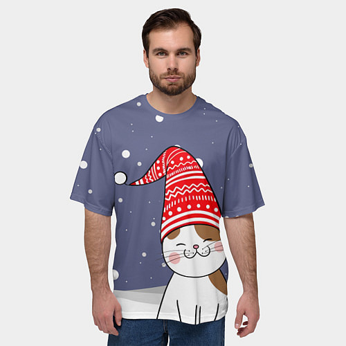 Мужская футболка оверсайз Котик в шапке / 3D-принт – фото 3