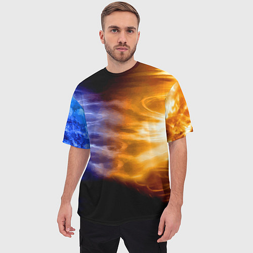 Мужская футболка оверсайз Борьба двух стихий - лёд и пламя / 3D-принт – фото 3