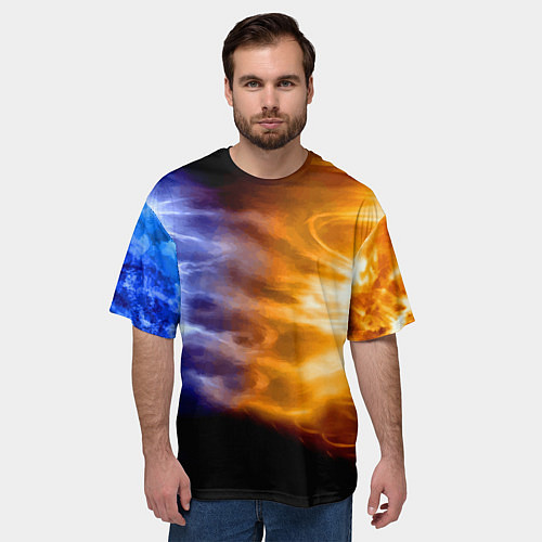 Мужская футболка оверсайз Борьба двух стихий - лёд и пламя / 3D-принт – фото 3