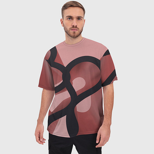 Мужская футболка оверсайз Тёмные волнообразные линии на красном фоне / 3D-принт – фото 3