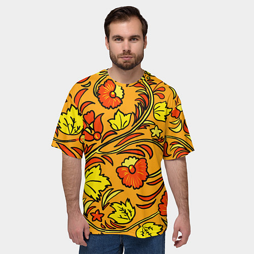 Мужская футболка оверсайз Хохлома золотой фон / 3D-принт – фото 3