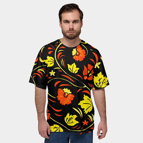 Мужская футболка оверсайз Хохлома черный фон / 3D-принт – фото 3