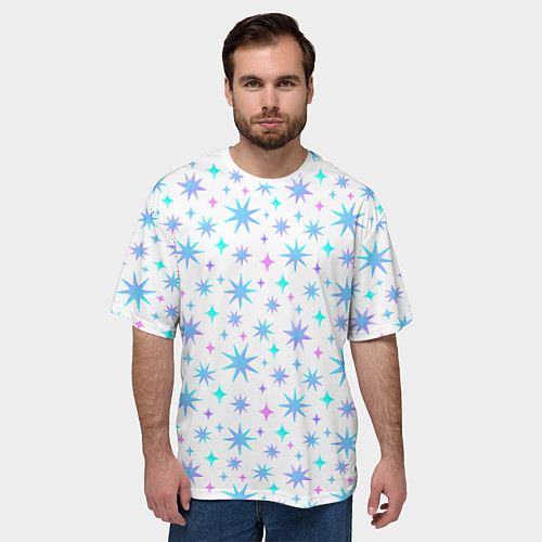 Мужская футболка оверсайз Разноцветные звезды на белом фоне / 3D-принт – фото 3