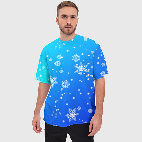 Мужская футболка оверсайз Снежинки на голубом фоне / 3D-принт – фото 3