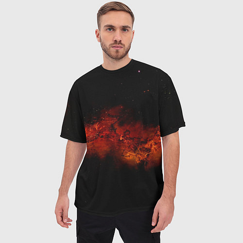 Мужская футболка оверсайз Абстрактные взрывы в космосе и красные звёзды / 3D-принт – фото 3
