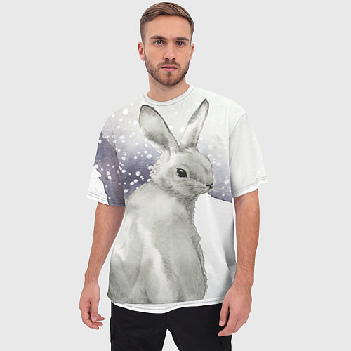 Мужская футболка оверсайз Милый кролик на снегу / 3D-принт – фото 3