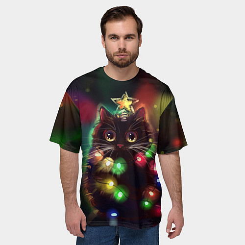Мужская футболка оверсайз Новогодний котик с гирляндой / 3D-принт – фото 3