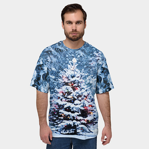 Мужская футболка оверсайз Новогодняя ёлка в лесу / 3D-принт – фото 3