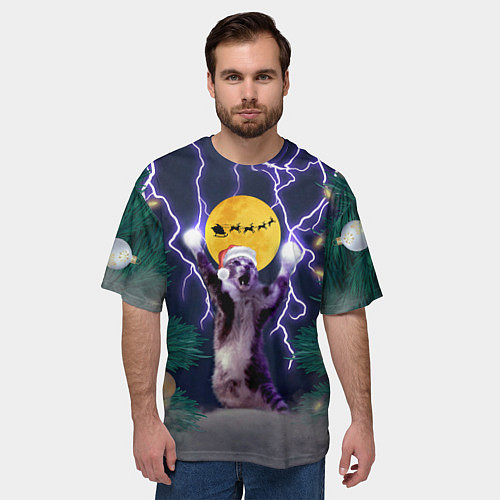 Мужская футболка оверсайз Новогодний кот с молниями / 3D-принт – фото 3