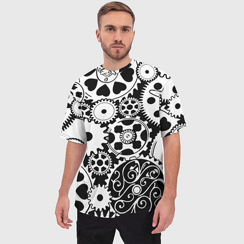 Мужская футболка оверсайз Шестеренки в черно-белом стиле / 3D-принт – фото 3