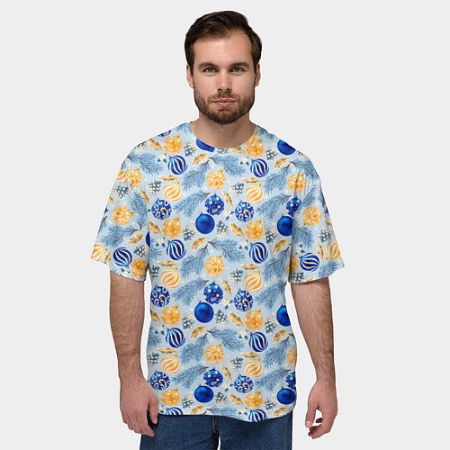 Мужская футболка оверсайз Шарики новогодние ёлочные, синие / 3D-принт – фото 3