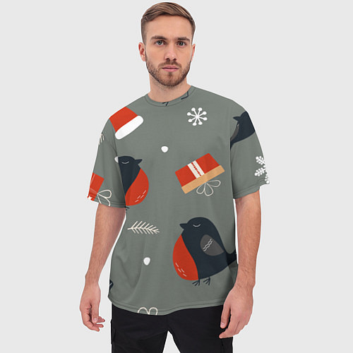 Мужская футболка оверсайз Новогодние снегири / 3D-принт – фото 3