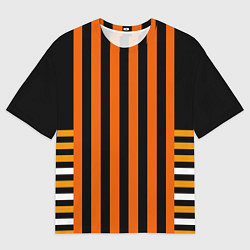 Футболка оверсайз мужская Полосатый узор в красных оранжевых тонах на черном, цвет: 3D-принт