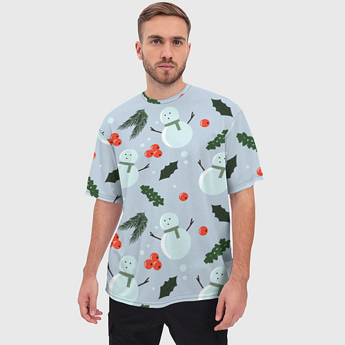Мужская футболка оверсайз Снеговики и ягодки / 3D-принт – фото 3