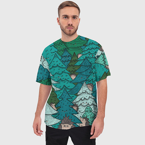 Мужская футболка оверсайз Ежи в еловом лесу / 3D-принт – фото 3