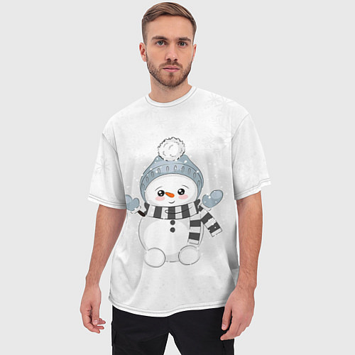 Мужская футболка оверсайз Милый снеговик и снежинки / 3D-принт – фото 3