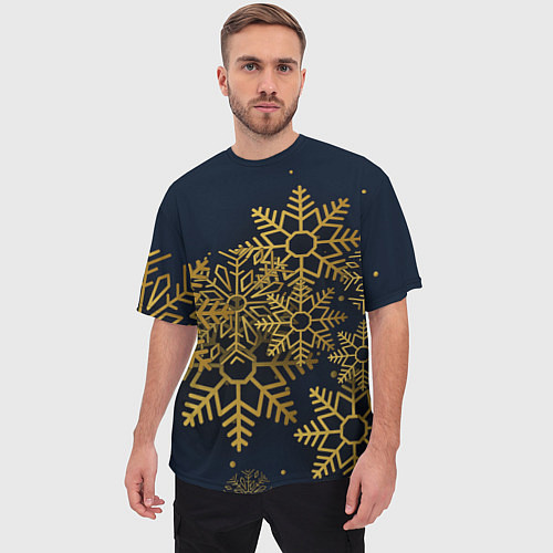 Мужская футболка оверсайз Золотые снежинки / 3D-принт – фото 3