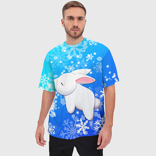 Мужская футболка оверсайз Милый кролик в снежинках / 3D-принт – фото 3